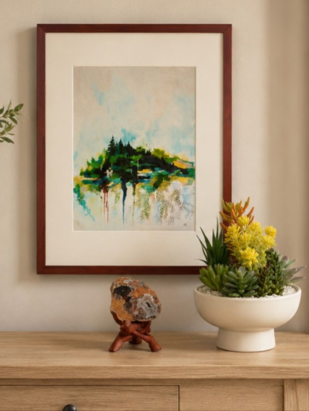 Walnut Framed Watercolor Art w/ Succulent Planter & Agate Display | Nature's Art